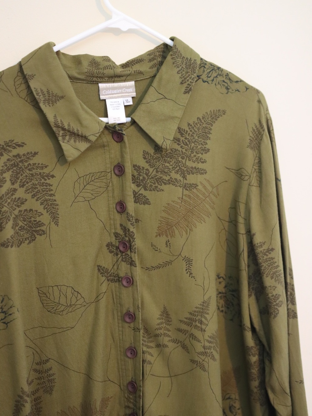 Coldwater Creek Olive Green Botanical Button-Front Shirt